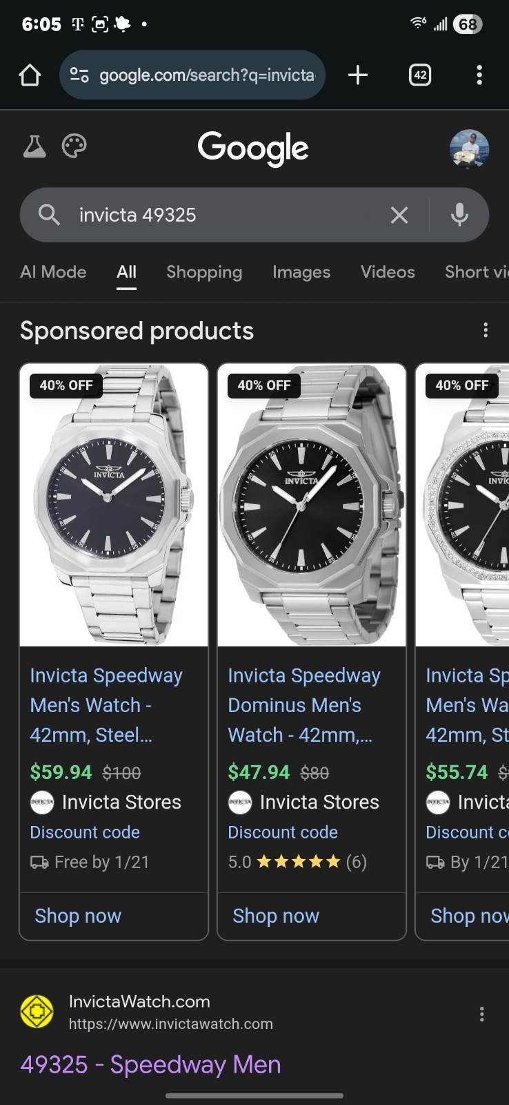 Invicta Speedway Victorious Men’s Watch – 42mm, Steel (49325)