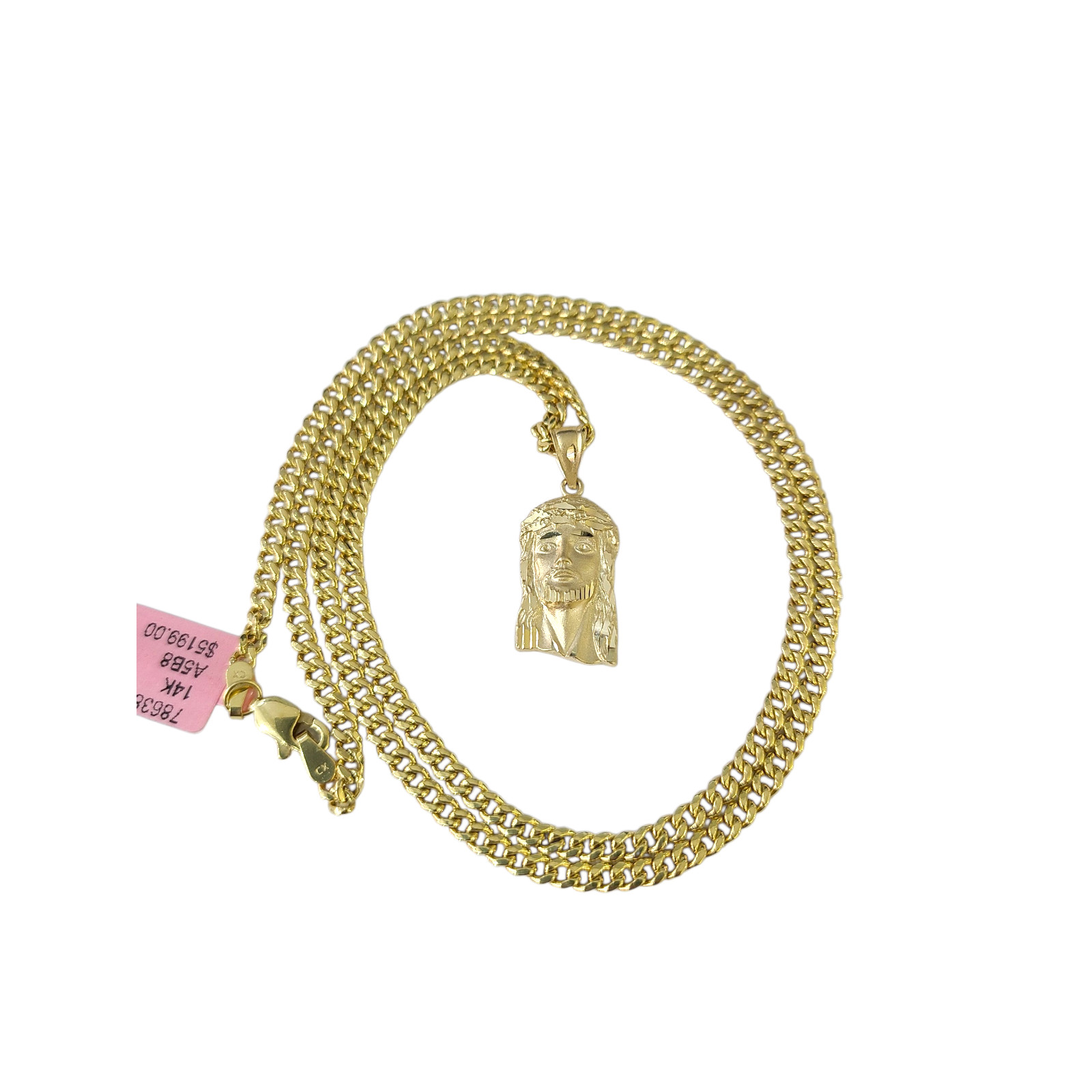 Real 14K Gold Miami Cuban Link Chain Jesus Head Charm Pendant Set 3mm 18″–28″