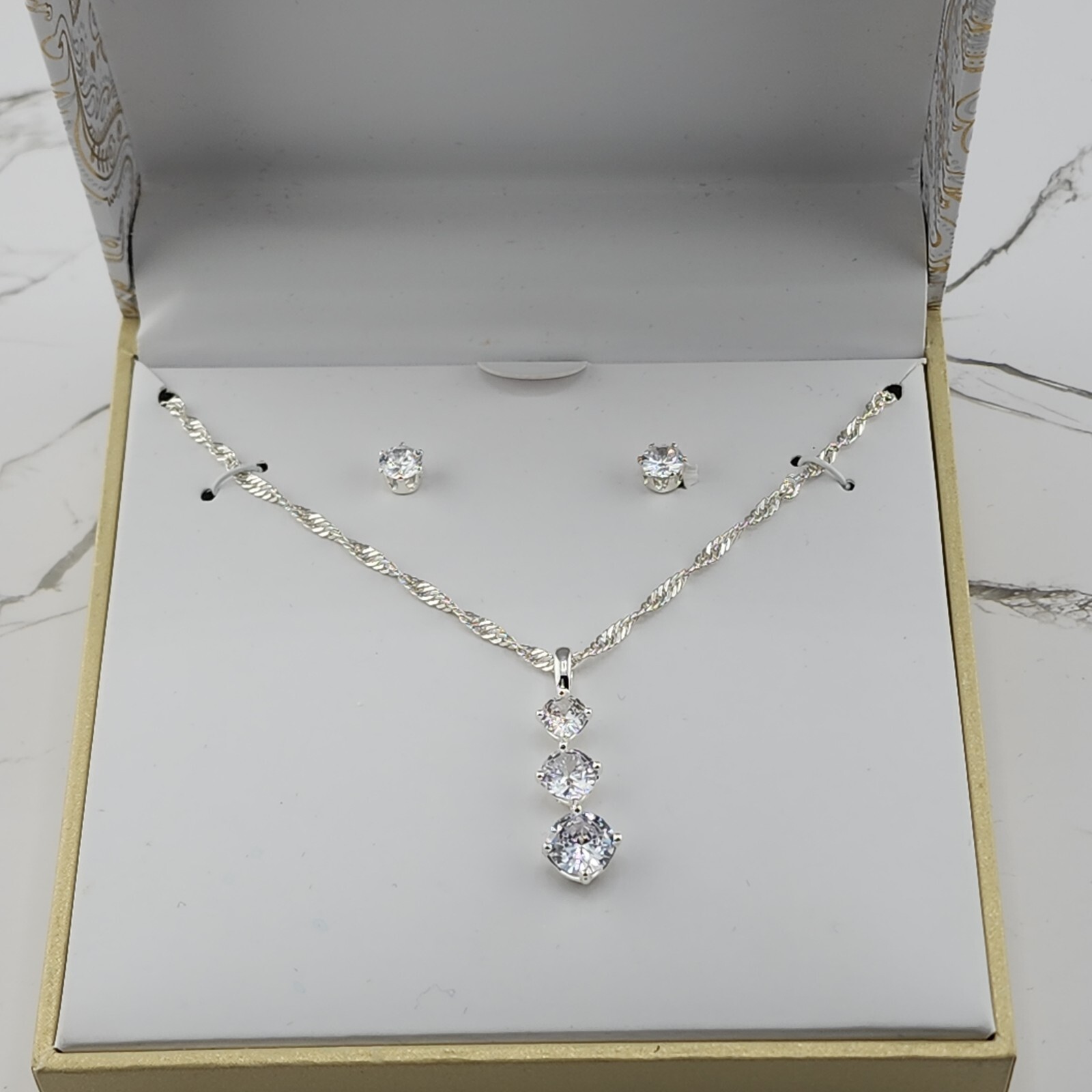 Charter Club Silver-Tone 3 Stone Crystal Pendant Necklace & Stud Earrings 18″