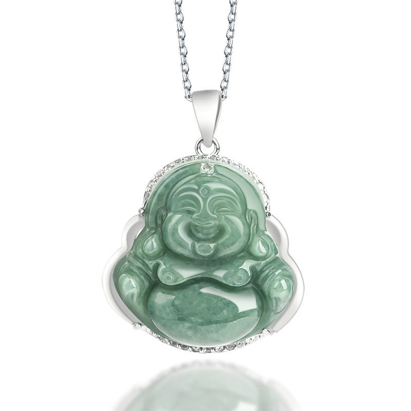 Natural A Grade Bean Jade Laughing Buddha S925 Silver Pendant Women Holiday Gift