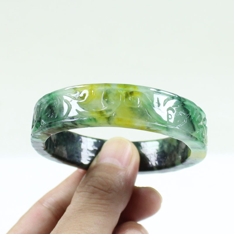 61mm Real Natural Ice Multicolor Burmese Jade jadeite Carving Bracelet Bangle