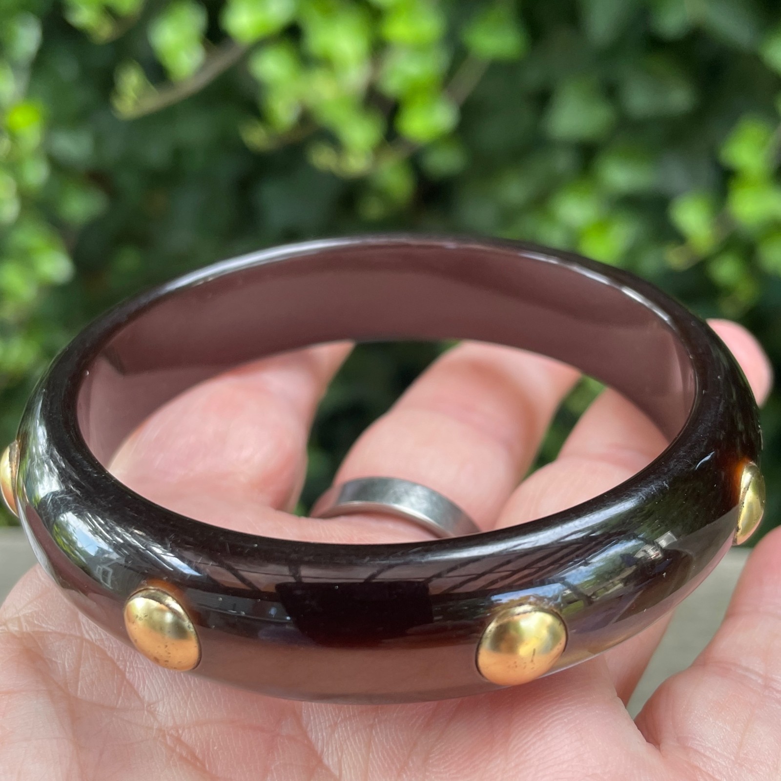 2.6” Luminous Brown Semi Transparent w Brass Studs Bangle Bracelet