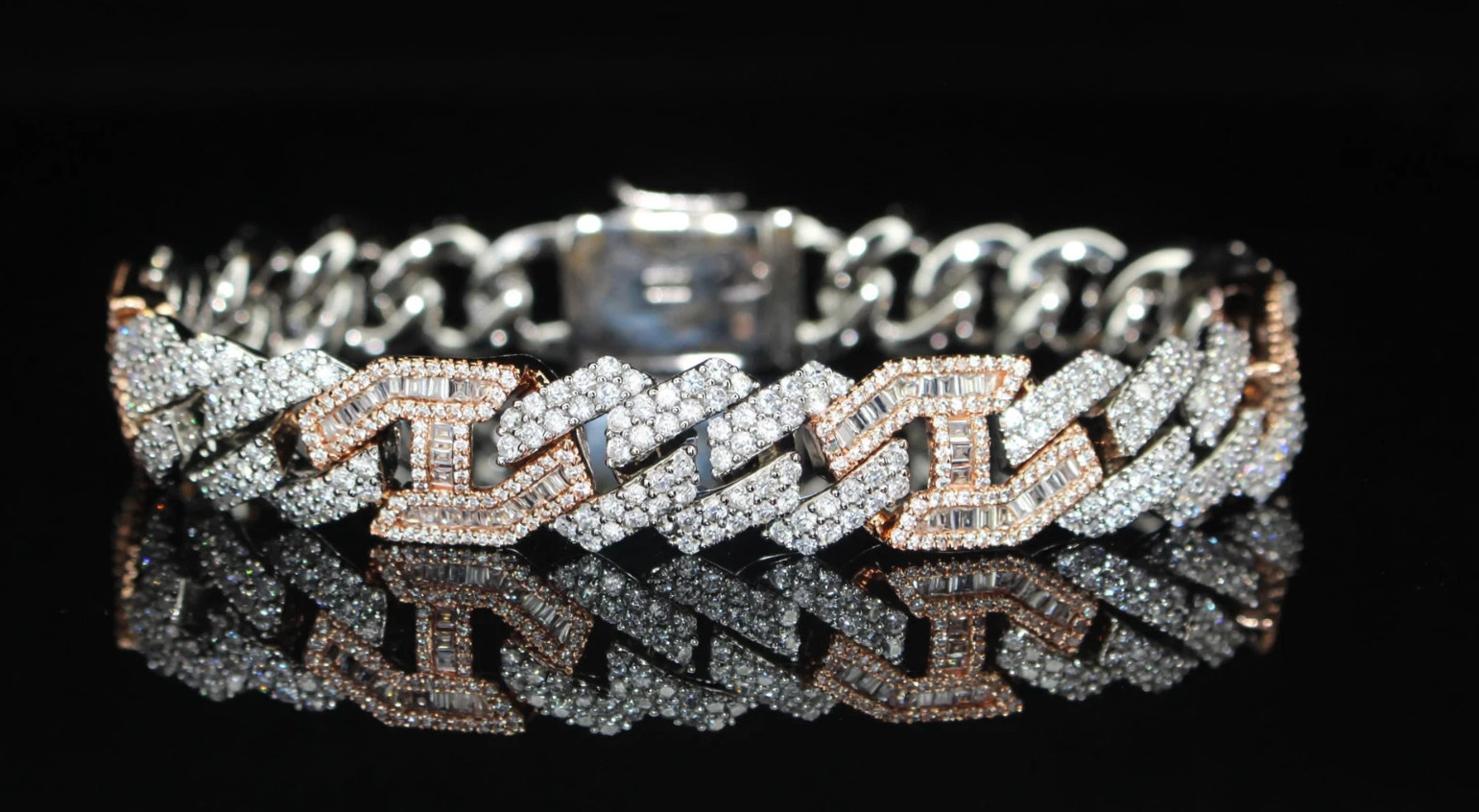 14k STAMPED 14mm FIGARUCCI Cuban 18ct Lab VVS1 Sim Diamonds ROSE 2-Tone Bracelet