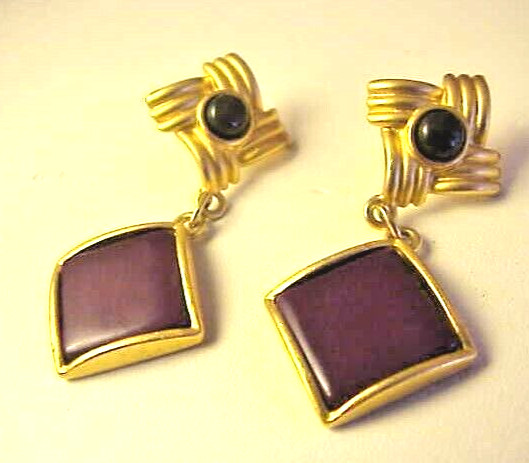 Vintage Pierced Earrings Gold Tone Maroonish Color Double Link Design No Caps