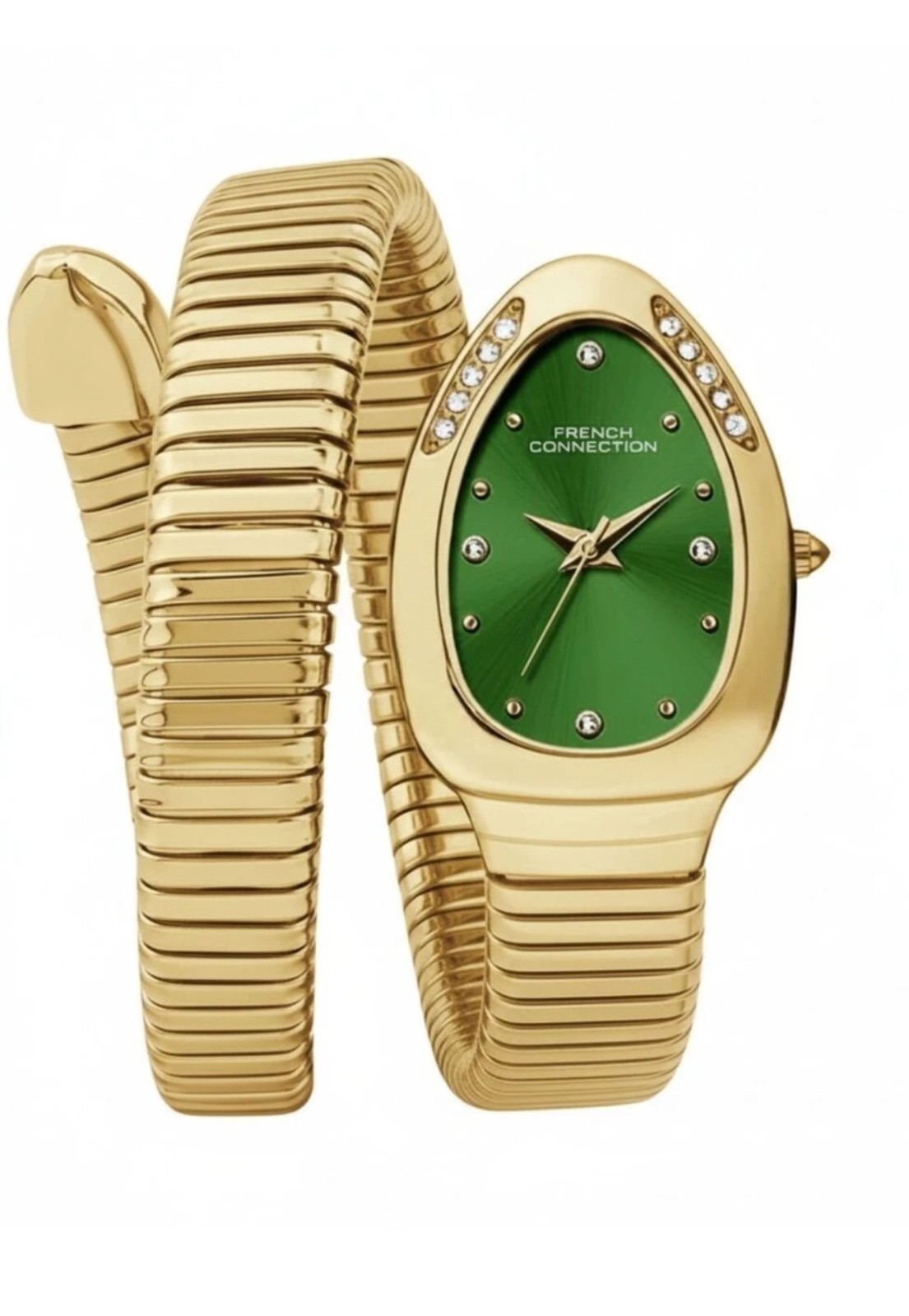 French Connection Women’s Serpent Style Green Dial Gold Tone Quartz Bracelet Wat