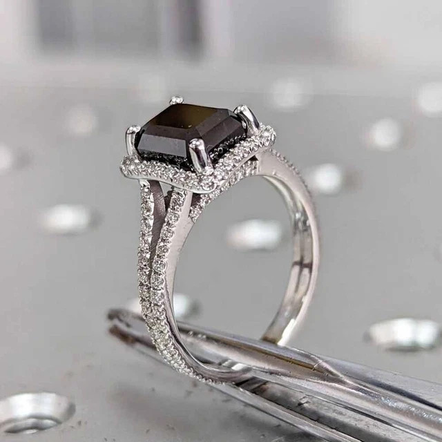 Black Emerald Cut Moissanite Halo Engagement Ring 925 Silver 14K Vermeil Ring