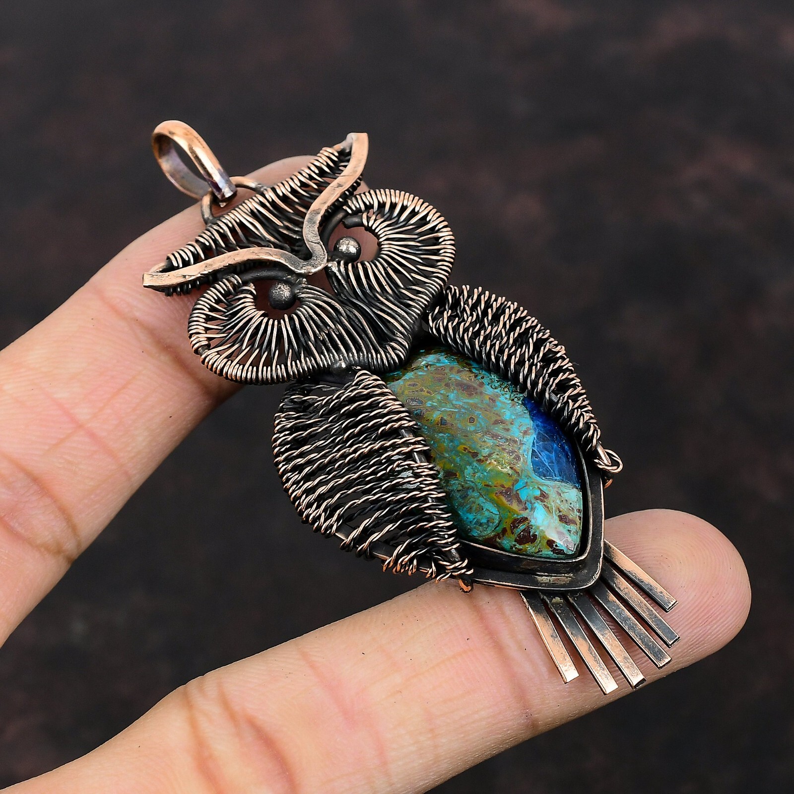Azurite Malachite Jewelry Copper Friend Gift Wire Wrapped Owl Pendant 3.15″