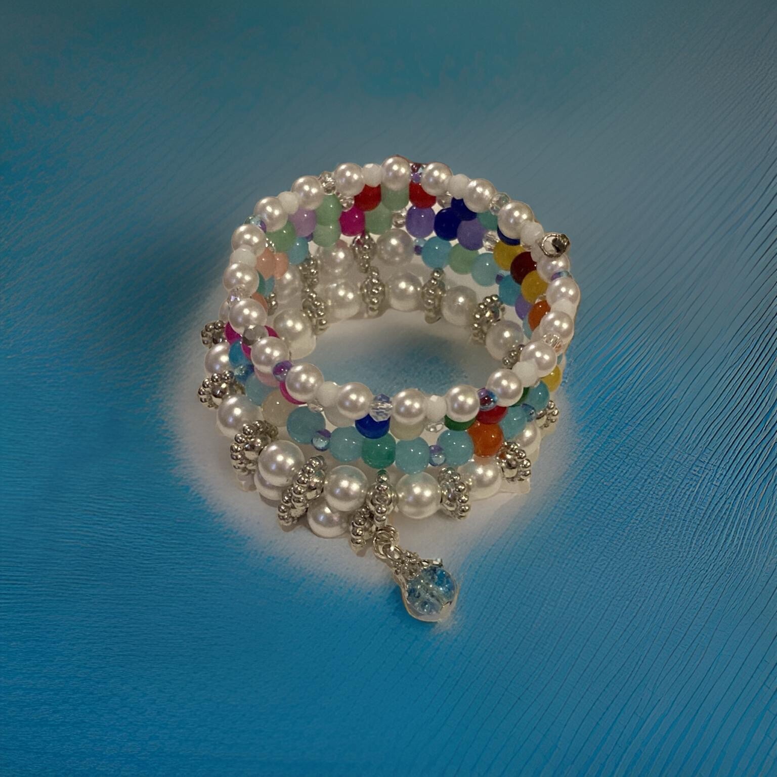 White pearl multicolor 8mm glass beads handmade Wrap Bracelet