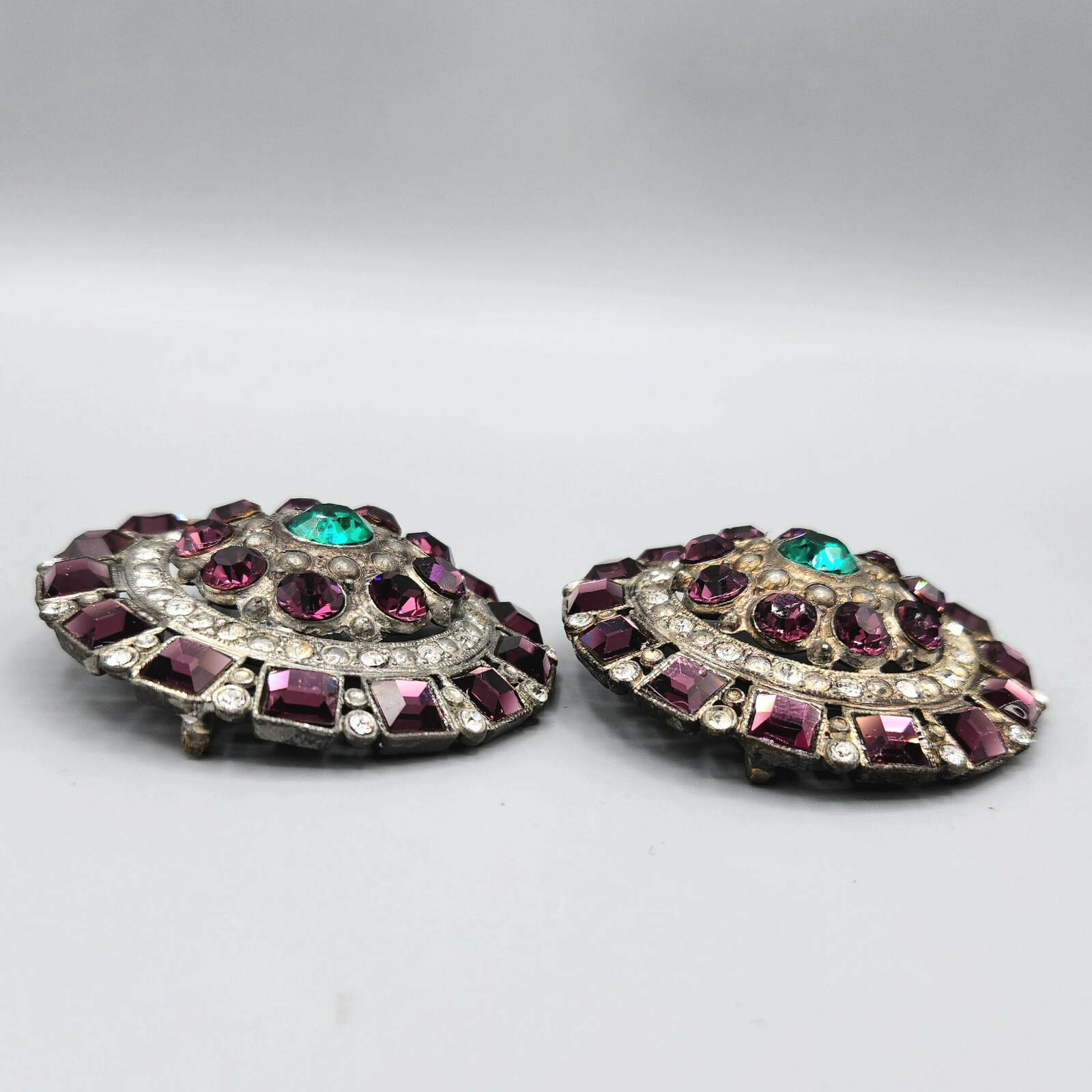 1930s Pair Purple Green Rhinestone Pot Metal Large Round Brooches Coat Pins