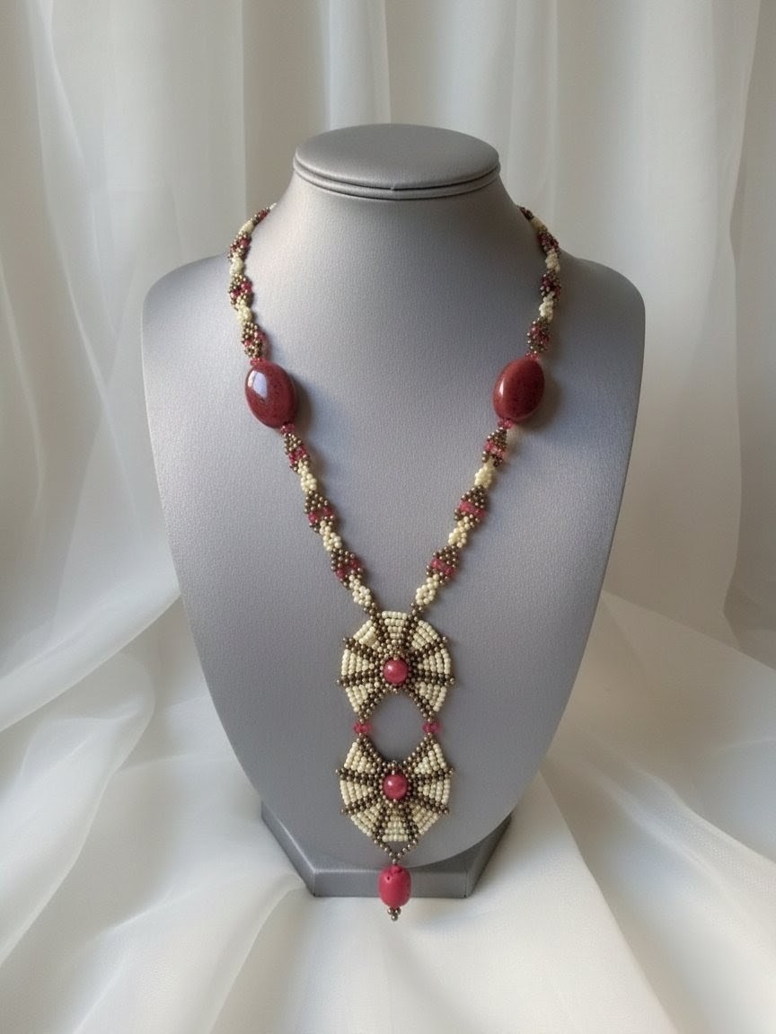 Unique Handcrafted Necklace Agate Stones Coral Bamboo Red Ethnic Long Pendant