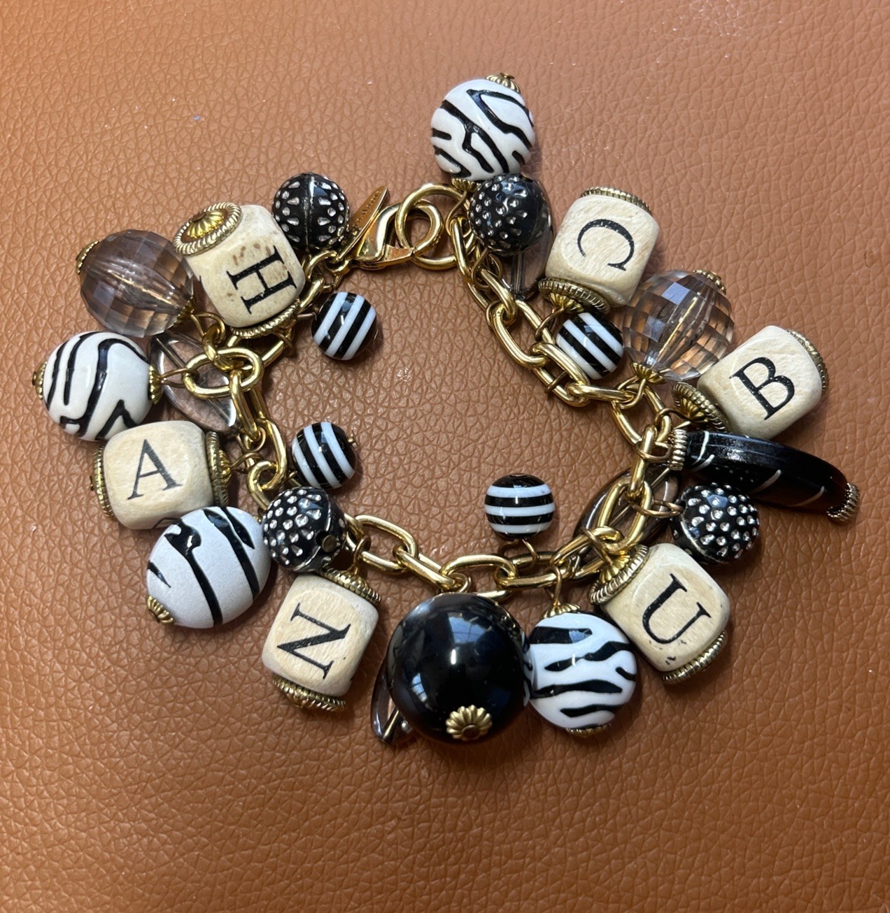 Lenora Dame Wood Block Alphabet Letter Charm Bracelet Black Zebra SHIPS FREE