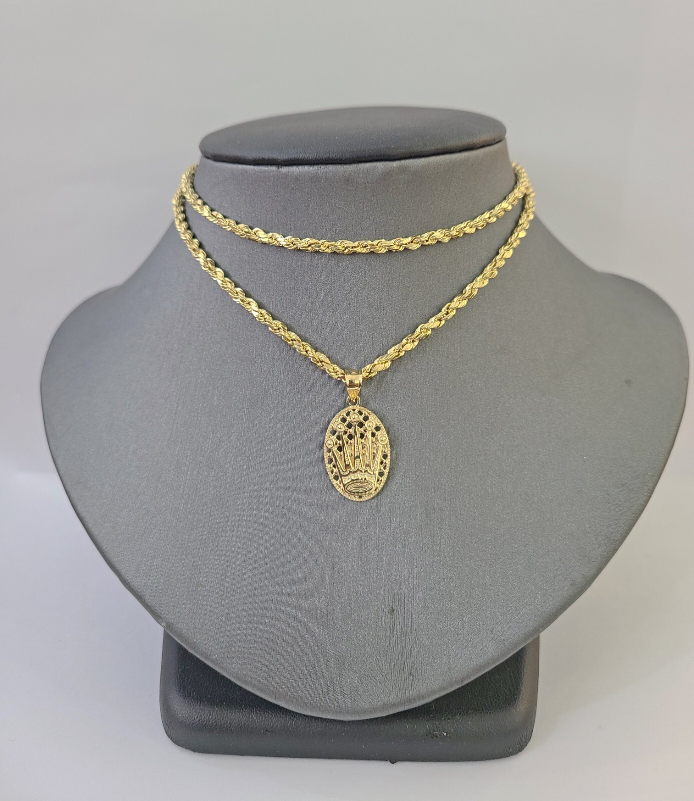 10K Yellow Gold Crown Pendent Charm 3mm Rope Chain 18″ 20″ 22″ 24″ 26″ Inch