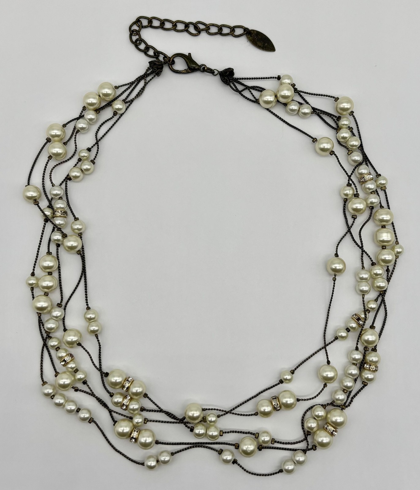 Coldwater Creek Multi-Strand Necklace Faux Pearls With Pave Set Rhinestone Beads