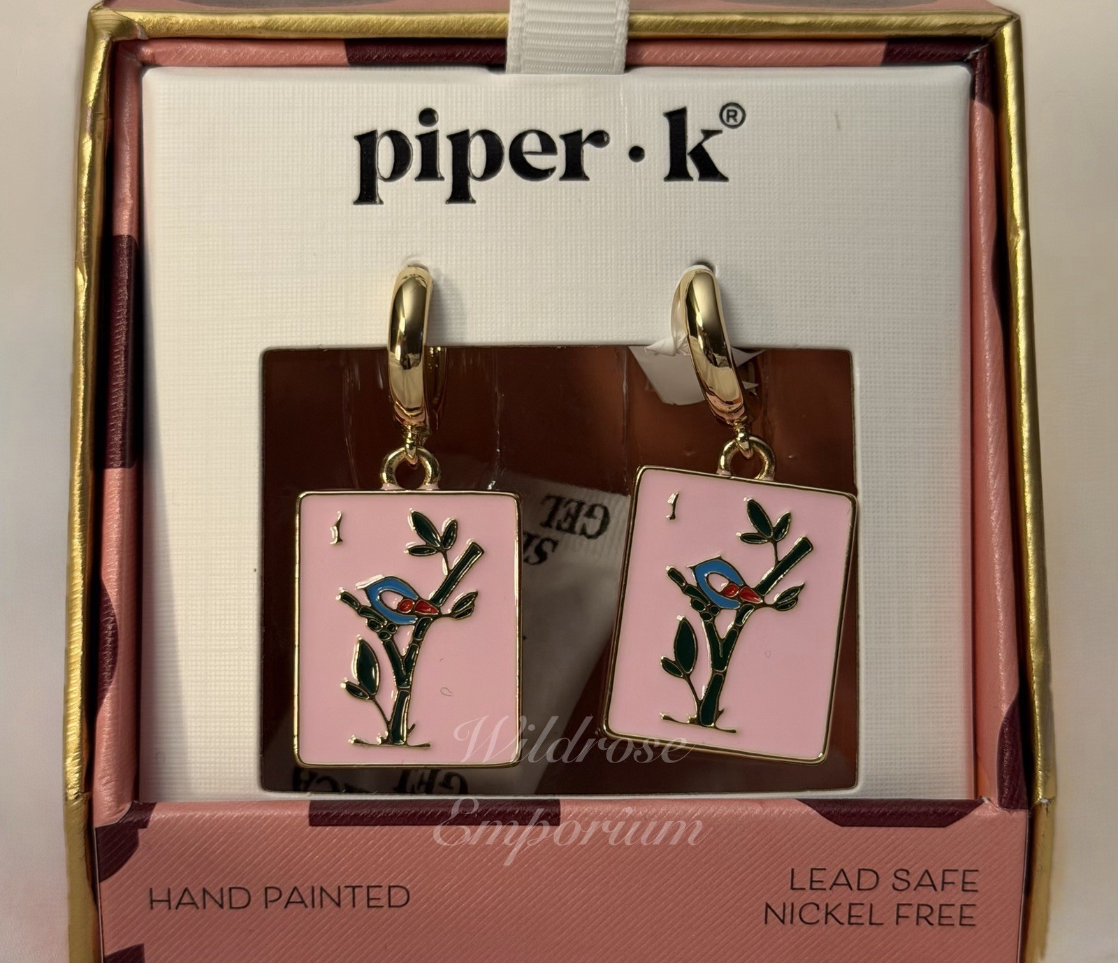 Piper K whimsical pink mahjong game tile motif enamel Huggie hoop earrings