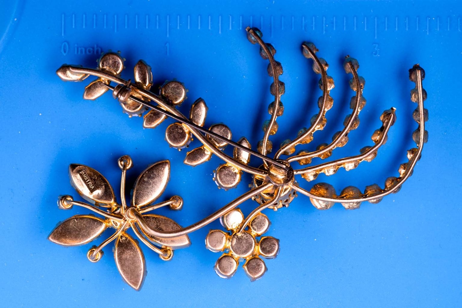 AUSTRIA Floral Spray Brooch Pin Gold Tone 3in L x 2in W Rhinestone AB Vintage