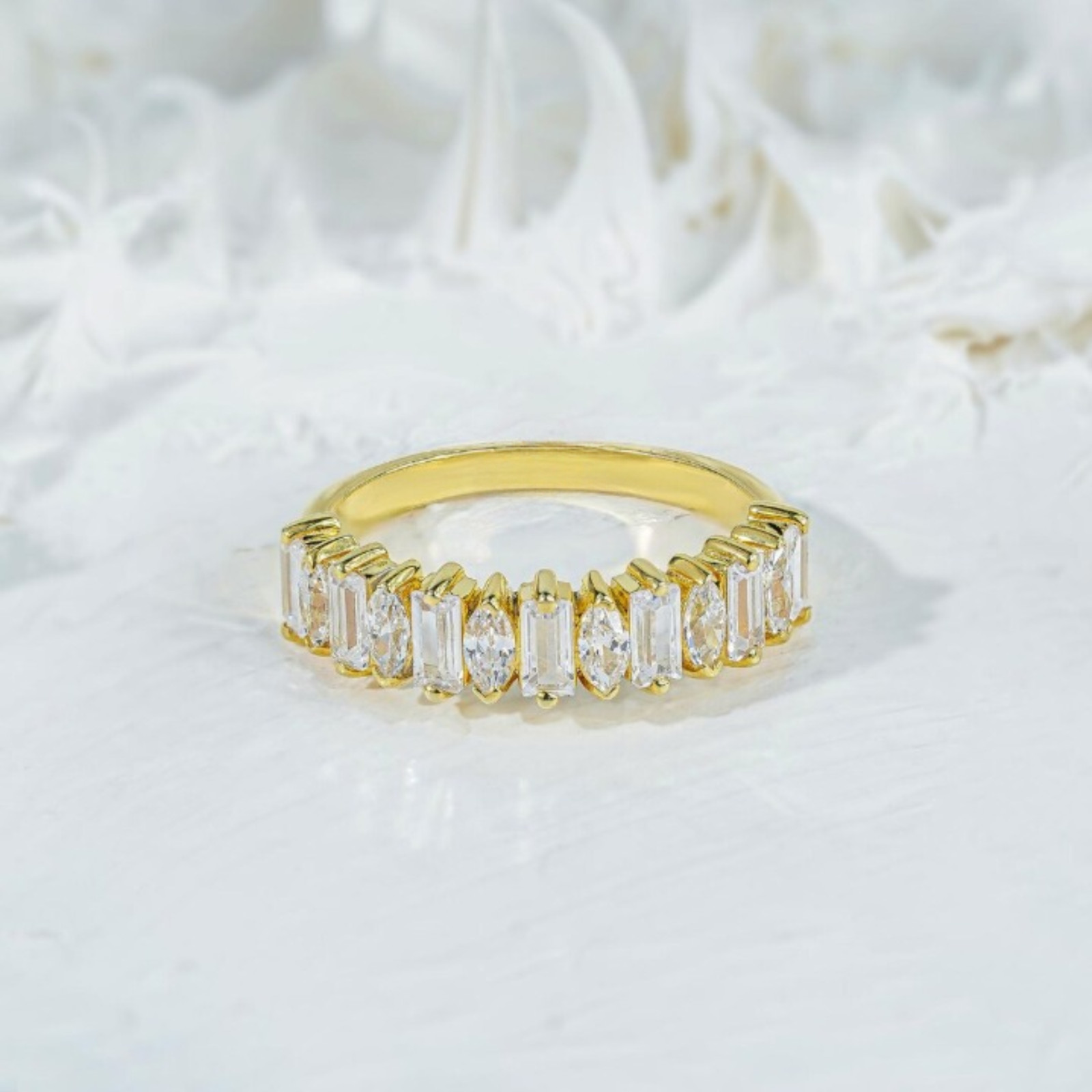 Solid 14k Yellow Gold 2.50mm Baguette & Marquise Lab Grown Diamond Wedding Band