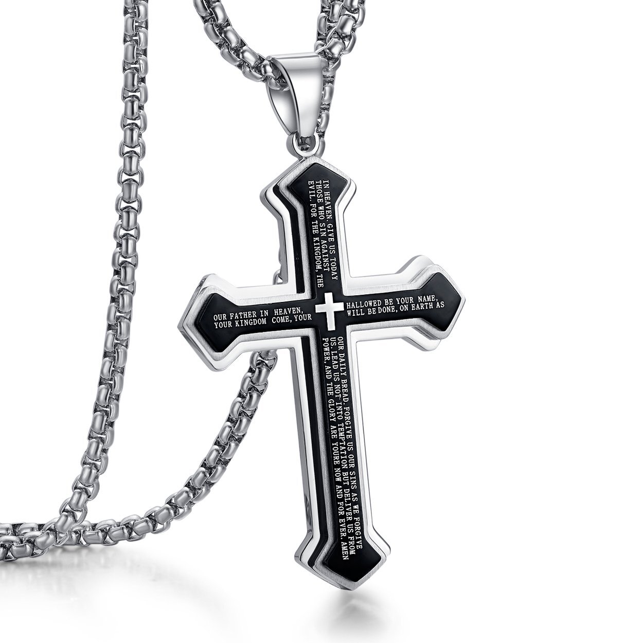 Mens Cross Necklace Silver Stainless Steel Lord’s Prayer Big Pendant Rolo Chain