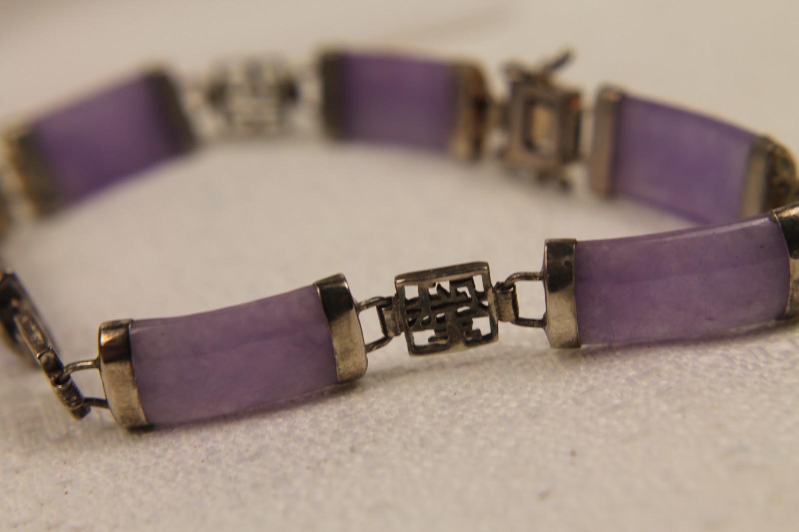 Vintage Lavender Jade Character Panel Bracelet Hoop Earrings Set