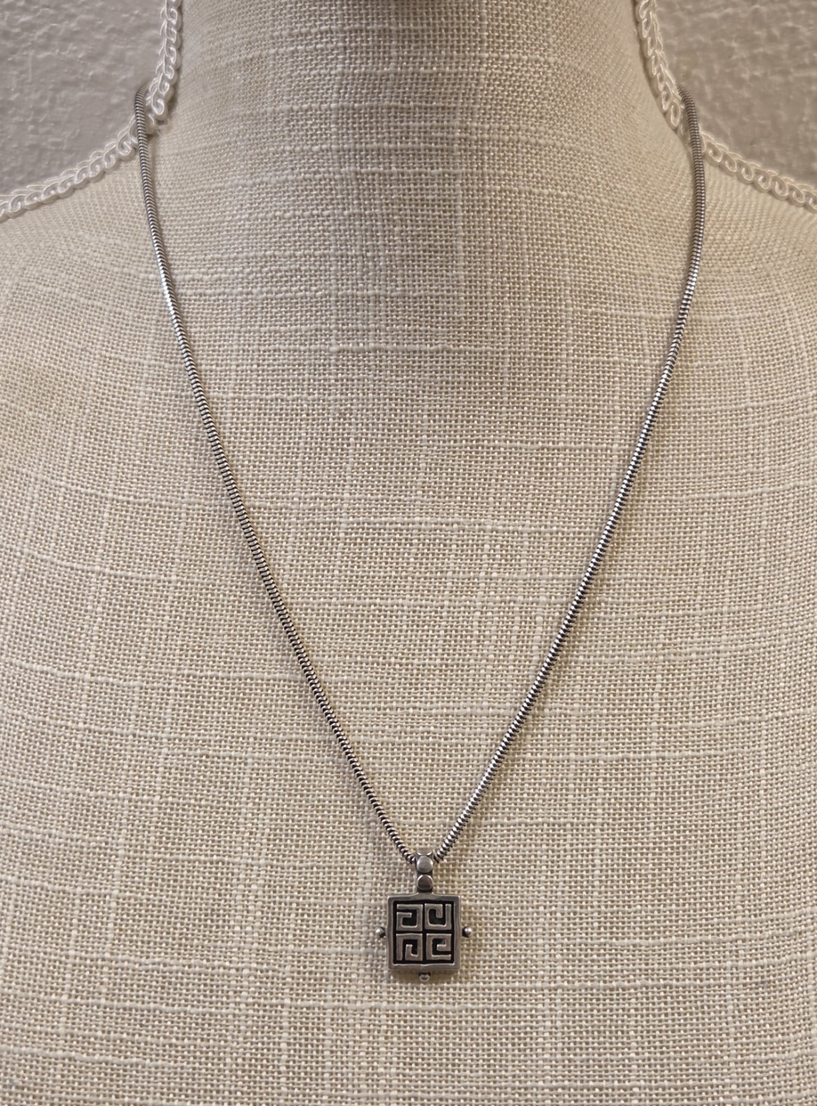 Unique Vintage Sterling Silver Greek Key Pendant Snake Braid Sterling Chain 21″