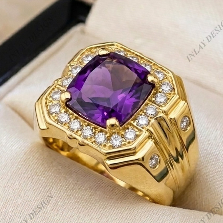 Men’s 925 Silver Signet Ring Purple Natural Amethyst Cushion Shape Gemstone