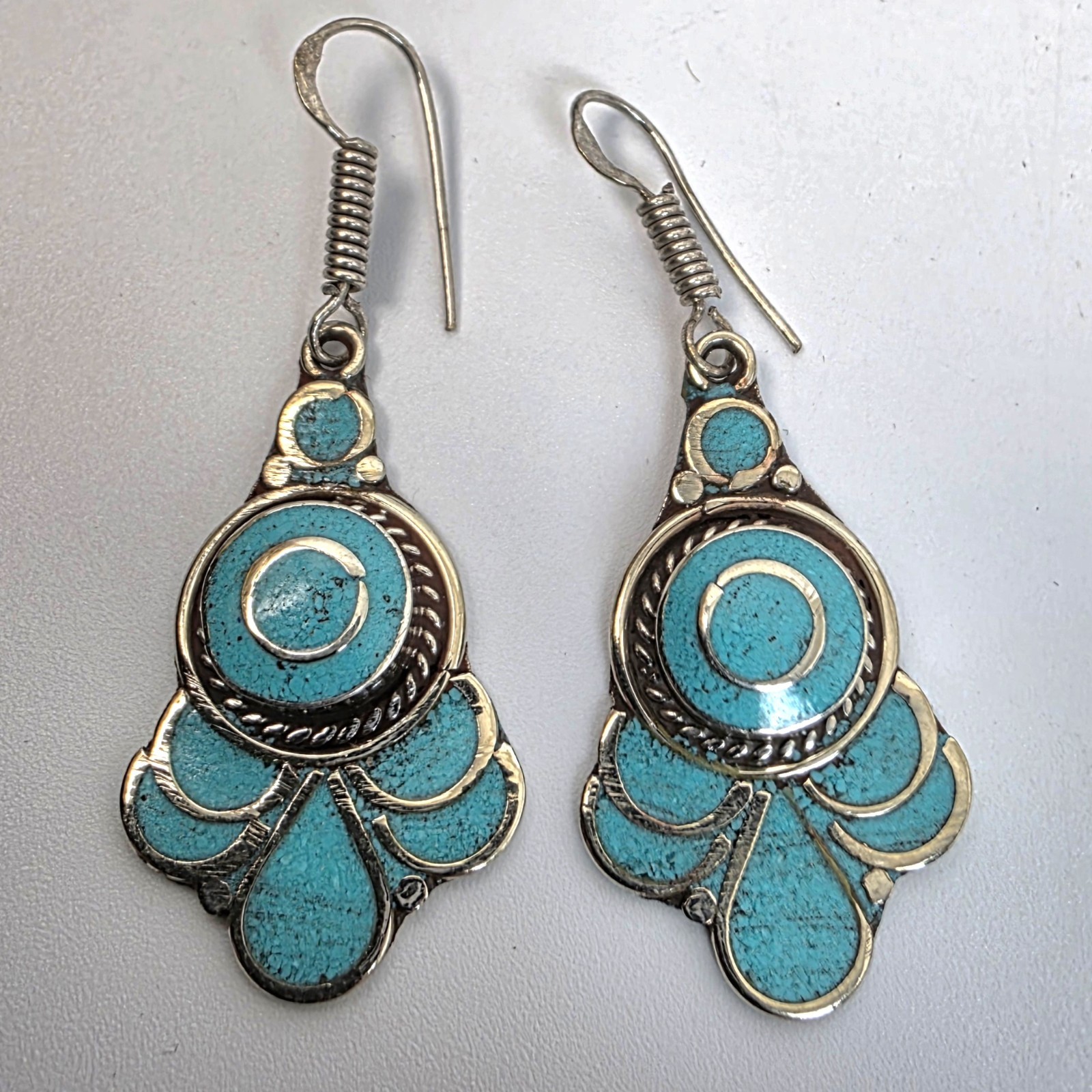 Tibetan Handmade Dangle Earrings In Turquoise Gemstones Boho Style #885