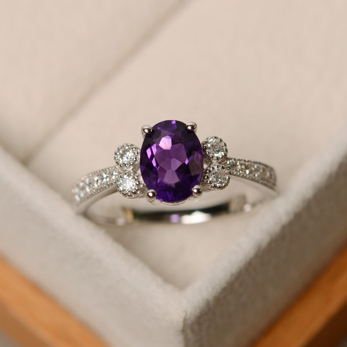 2CT Amethyst Oval Gemstone 925 Silver Plated Dainty Ring Duty Free