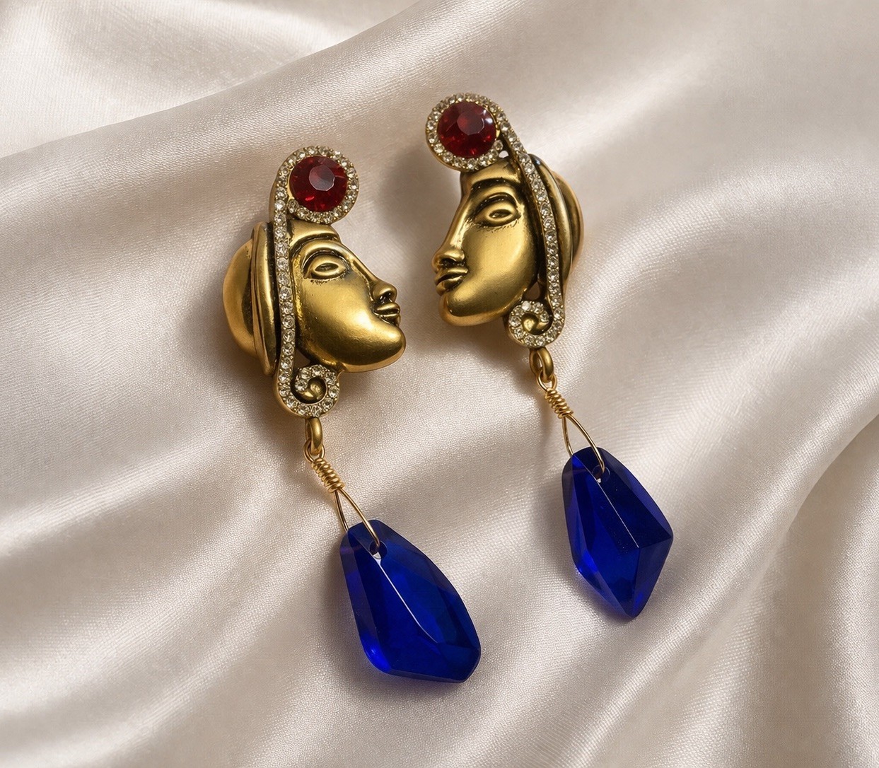 Museum Earrings Native American Indian Ethnic Face Statement VTG CZ Art Stud