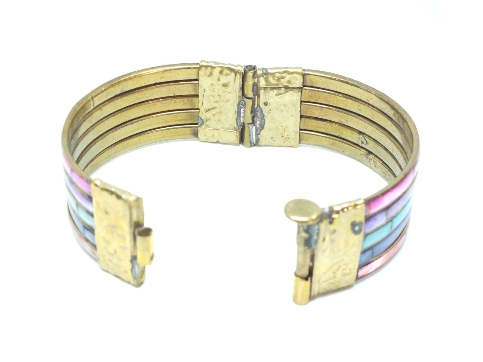 Beautiful Clasp Bracelet Gold Tone multi Inset 7/8″ W x 2 1/4″ Across ID NICE
