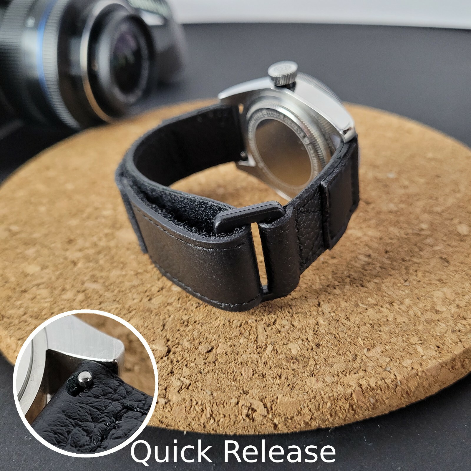 Black Leather Hook and Loop Watch Strap Band – Quick Release – 20mm 22mm