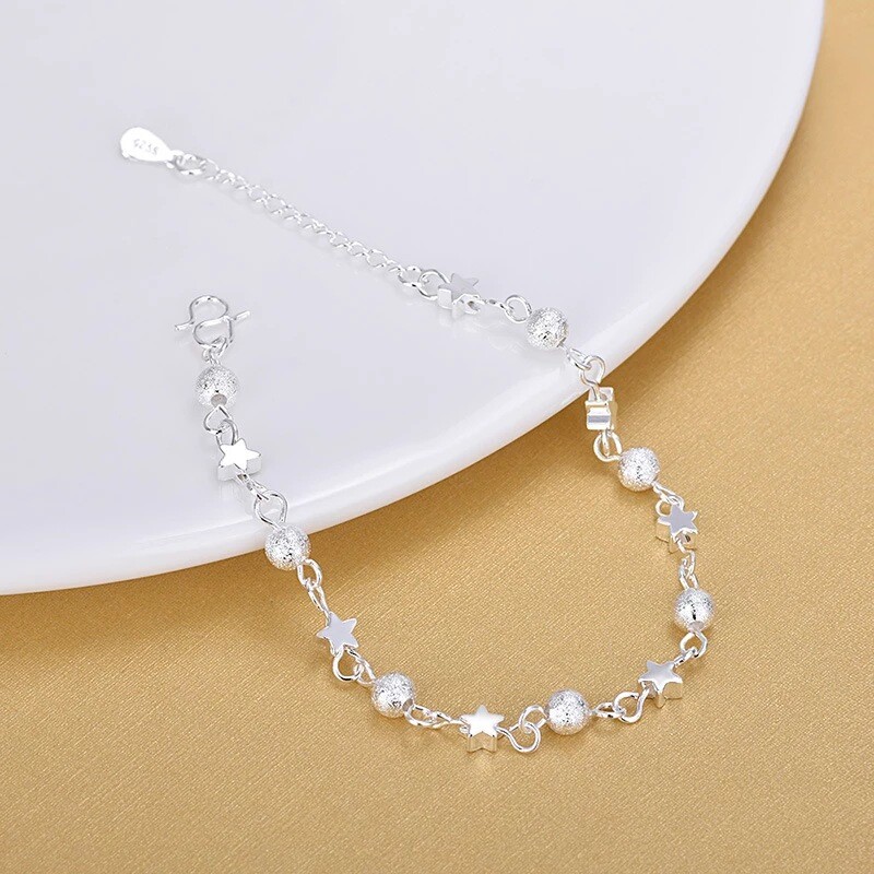Women’s 925 Sterling Silver Stars Beaded Link Foot Chain Ankle Bracelet #AB41