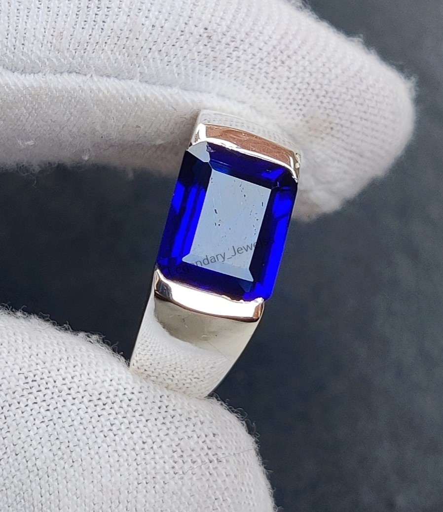 Blue Sapphire Gemstone with 925 Sterling Silver Men’s Handmade Signet Ring