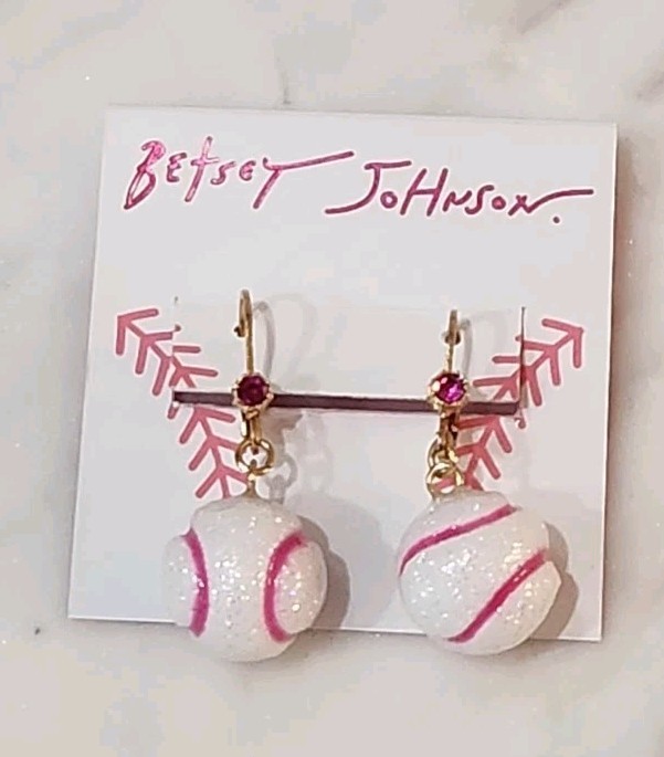 NWT! Betsey Johnson Pink & White Baseball Dangle Game Day Sparkle Earrings