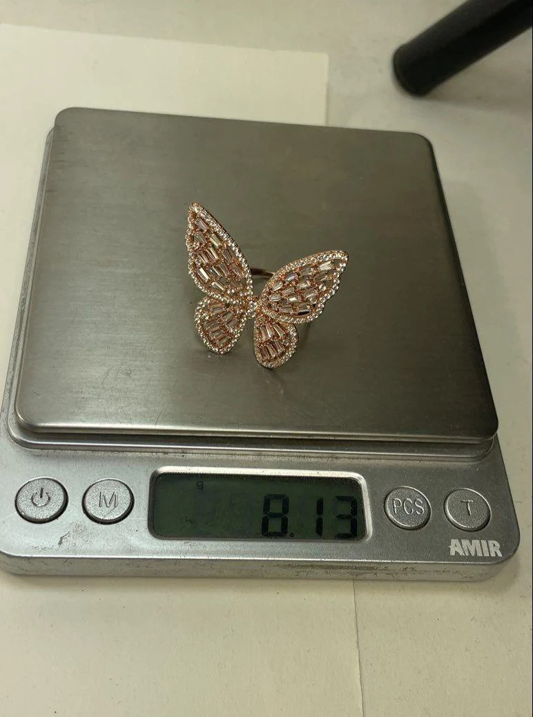 Rose Gold Tone 925 Sterling FZN Clear Glass Gems Filigree Butterfly Ring 8.13g