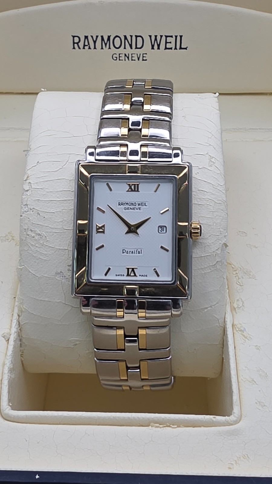 Raymond Weil Parsifal Gents Tank Watch with 18ct Gold Bezel. Box and Papers.