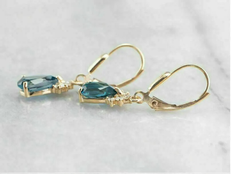 Sterling Silver Blue Teardrop Gemstone Dangle Earrings in Gold Finish