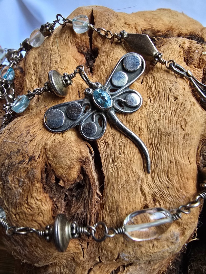 Vintage Artisan Sterling Silver Dragonfly Necklace Blue Topaz/Quartz 20.69g