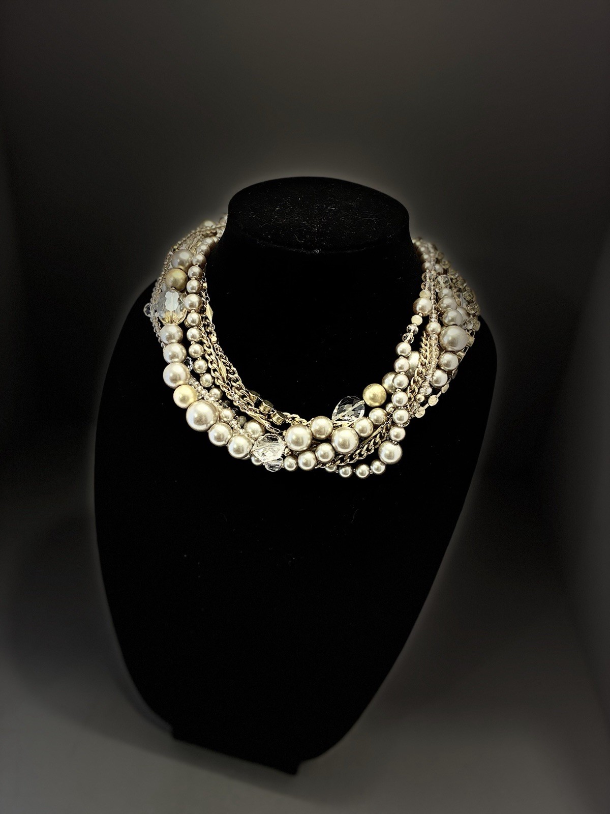 LOFT Gold Tone Layered Statement Necklace Imitation Pearl Crystal 18″ Adjust