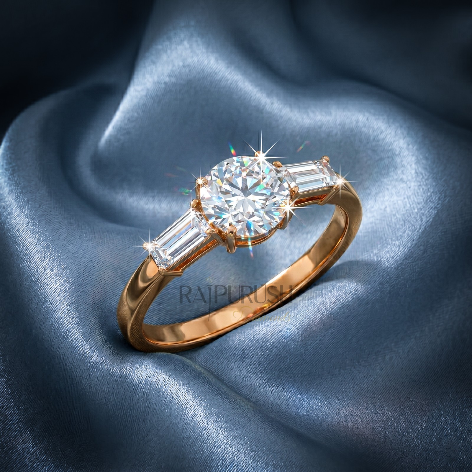 Round Moissanite Three Stone Engagement Ring Baguette 14K Gold Plated in Silver