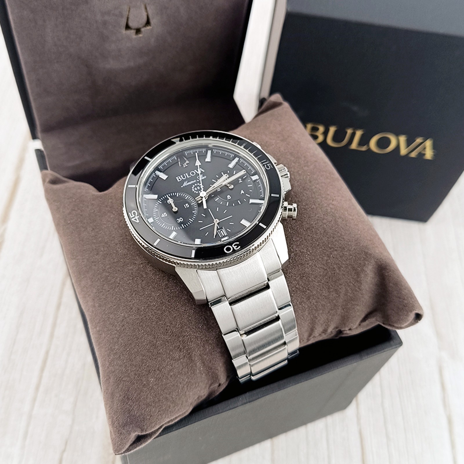 Bulova Marine Star Series C 96B272 Black Dial Quartz Men Chronograph Watch 45mm