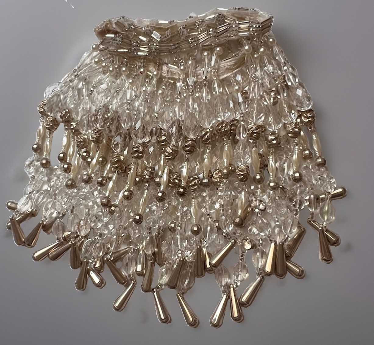 Clear Crystal Beaded Collar Bib Necklace Metallic Silver Teardrop Fringe Craft