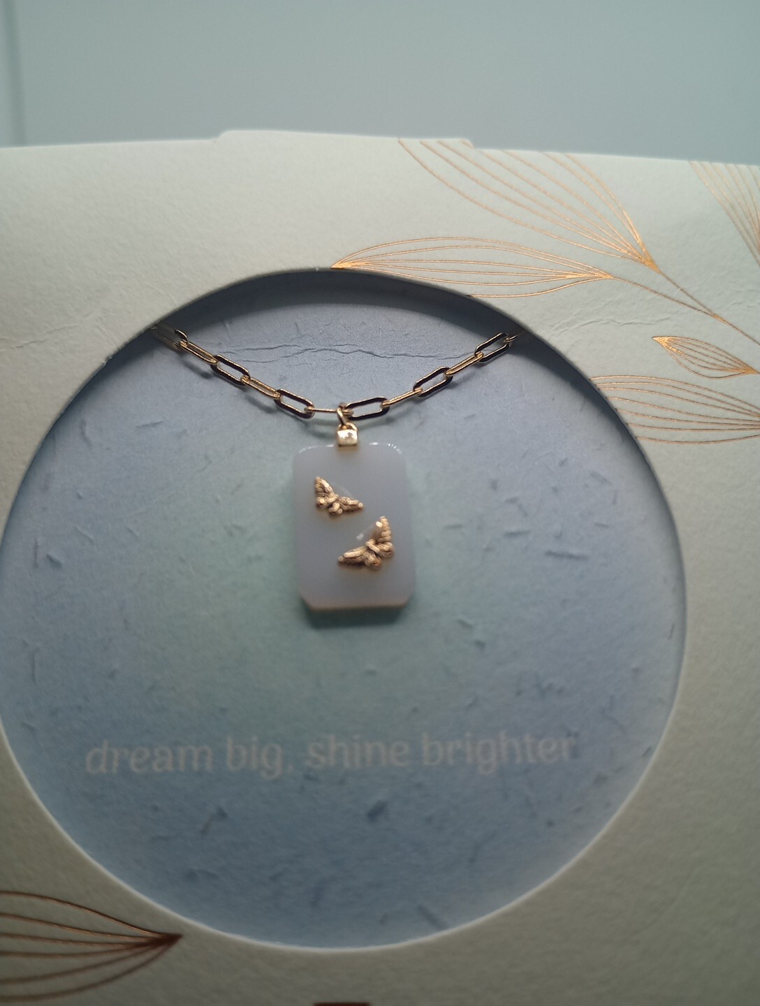 Beloved + Inspired 14 K Gold Dipped ” Angelite ” Necklace Glass Stone Butterfly