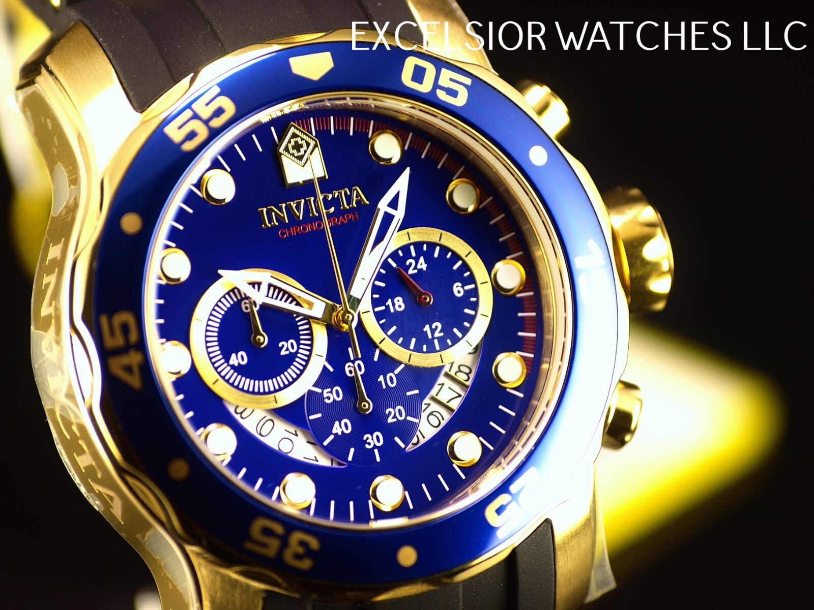 Invicta Mens 48mm PRO DIVER SCUBA Chronograph BLUE Dial 18K Gold Plated SS Watch