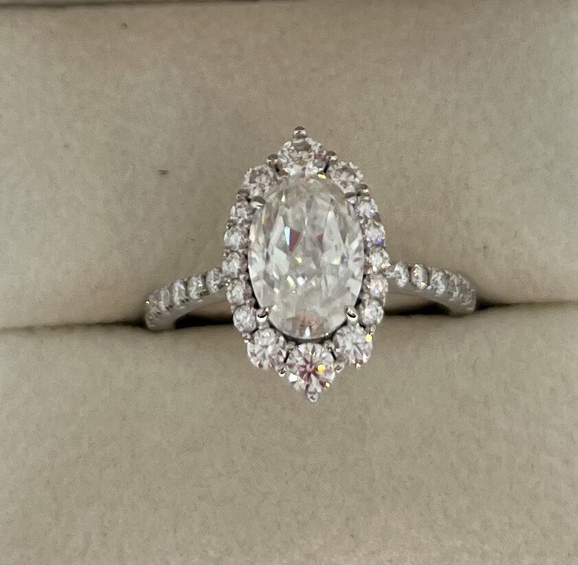 3.ct Oval Cut Moissanite Halo Engagement Ring Sterling 18K White Gold Plated Mar