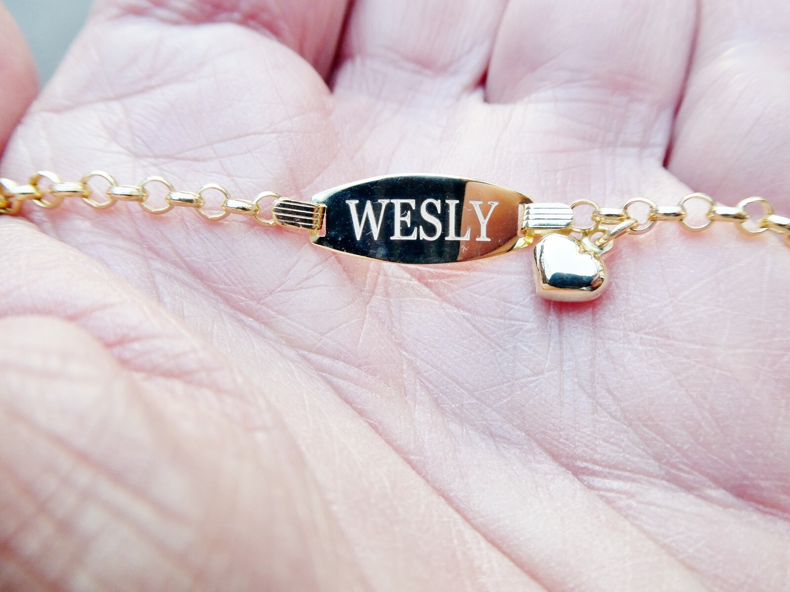 10L REAL SOLID YELLOW GOLD HEART DANGLING ID BRACELET