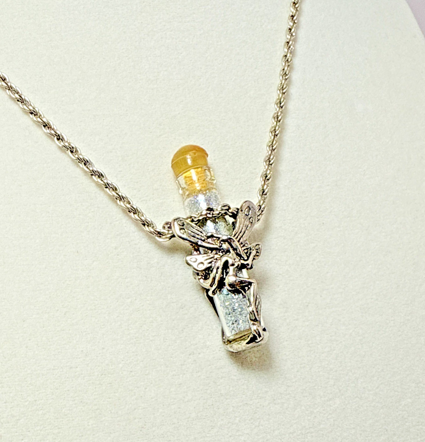 Vintage Pewter Angel Fairy Holding Vial Capsule of Fairy Dust Pendant Necklace