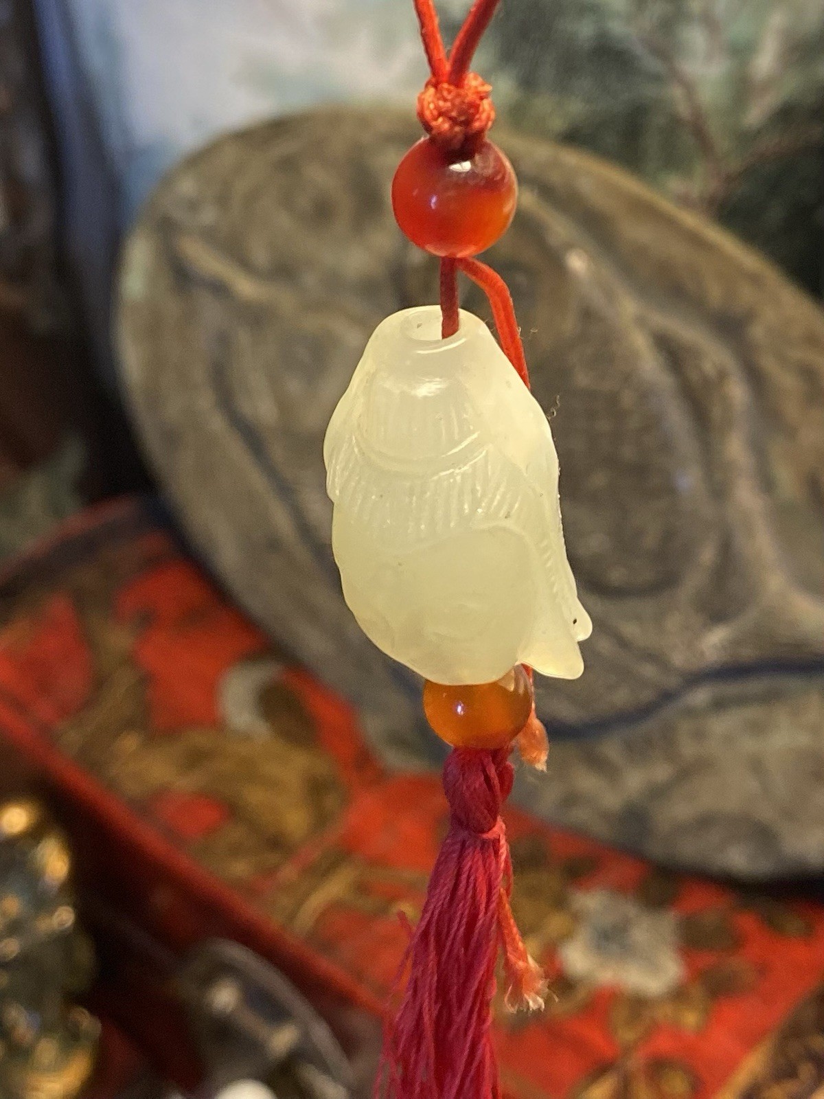 Adjustable Red Cord Carved White Jade Charm Pendant Necklace w/ Agate Beads
