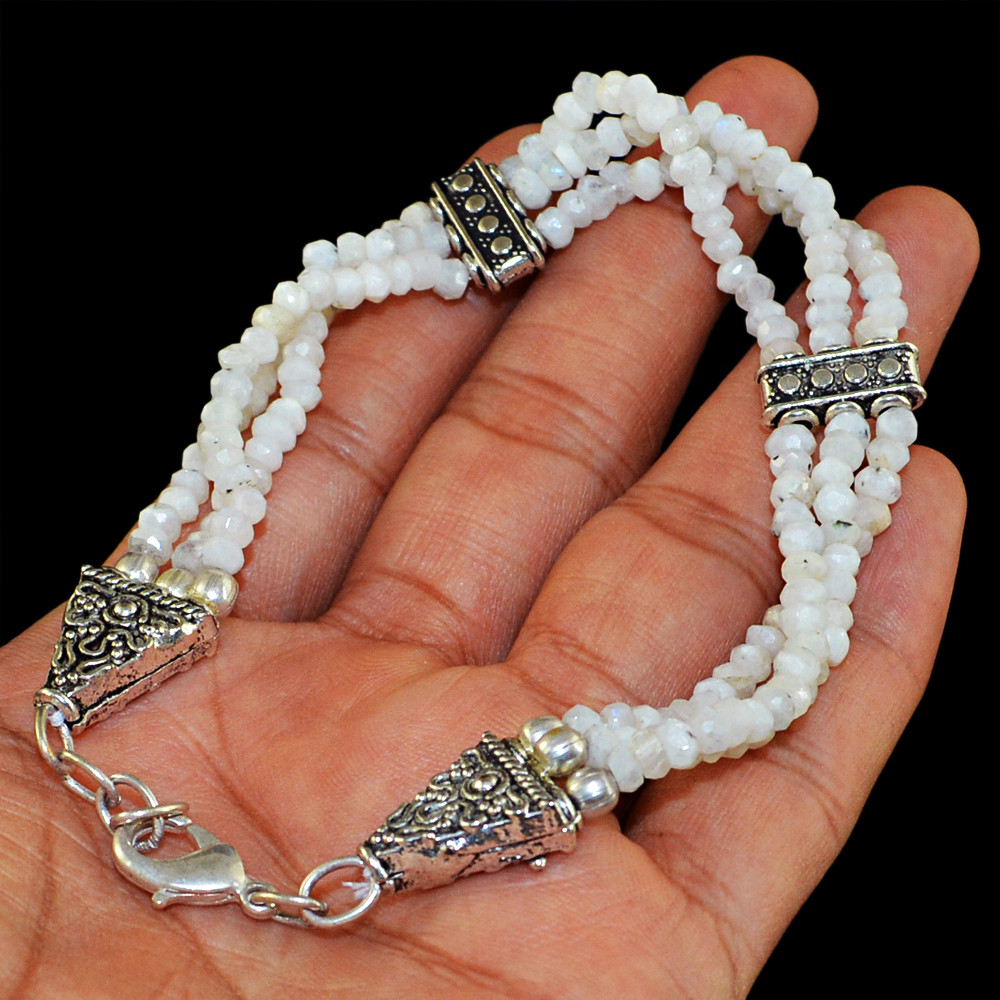 100.00 Cts Natural Untreated White Moonstone Round Faceted Beads Bracelet (DG)