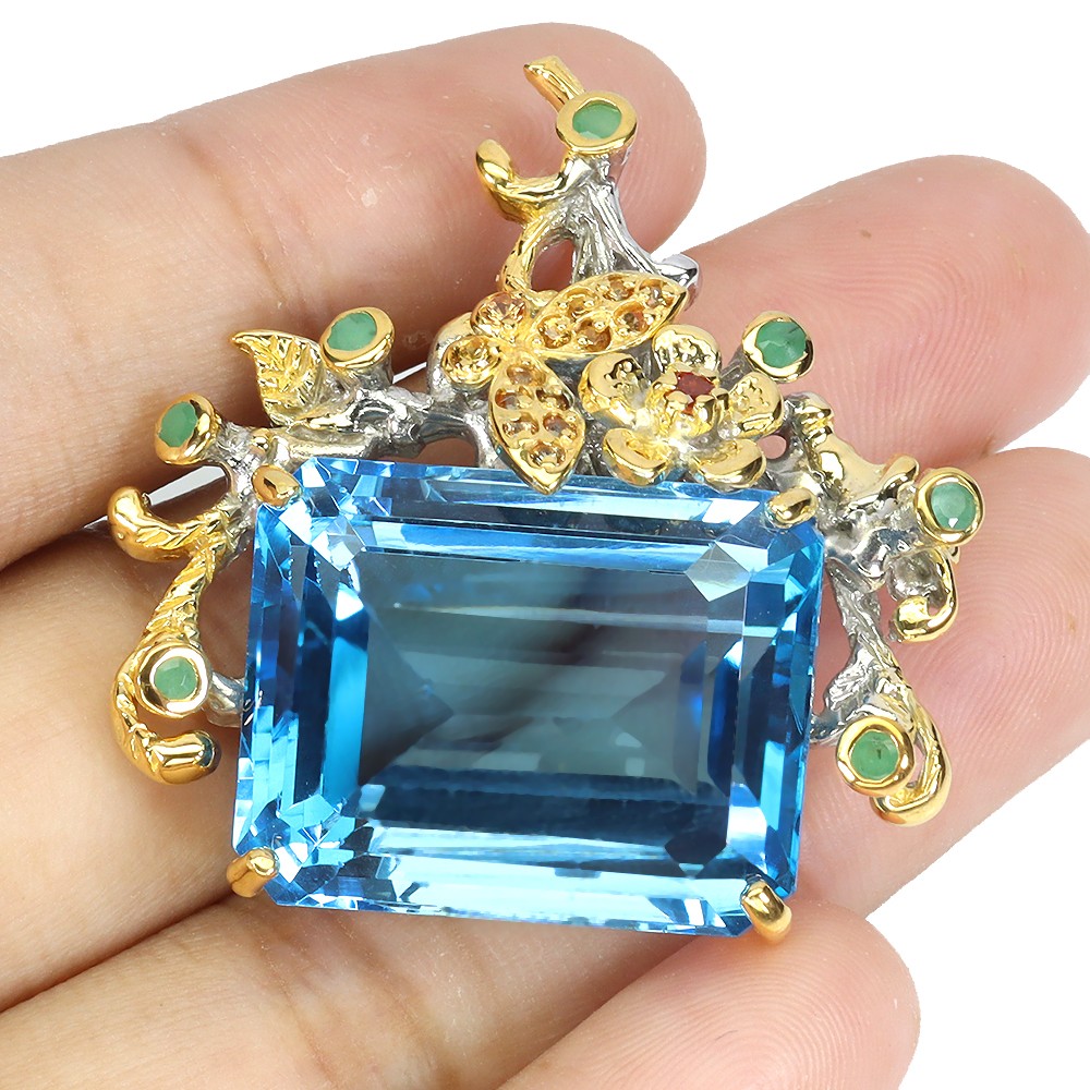 925 Sterling Silver Pendant Octagon Swiss Blue Topaz 53ct Handmade Gemstone