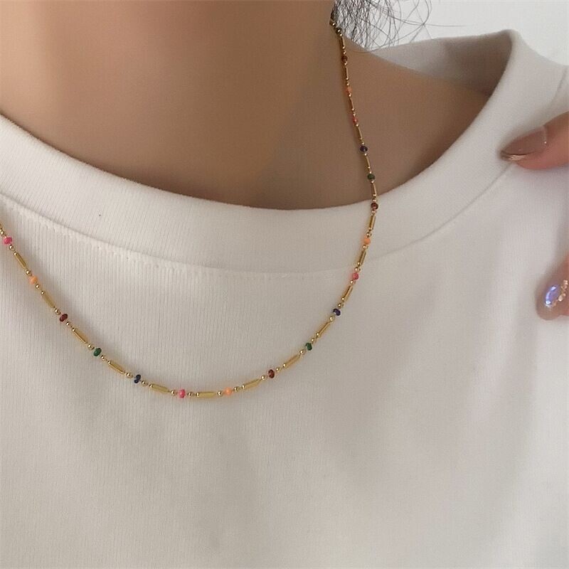 Woman 18K Gold Plated Stainless Steel Enamel Multicolor Bead Oval Necklace Chain