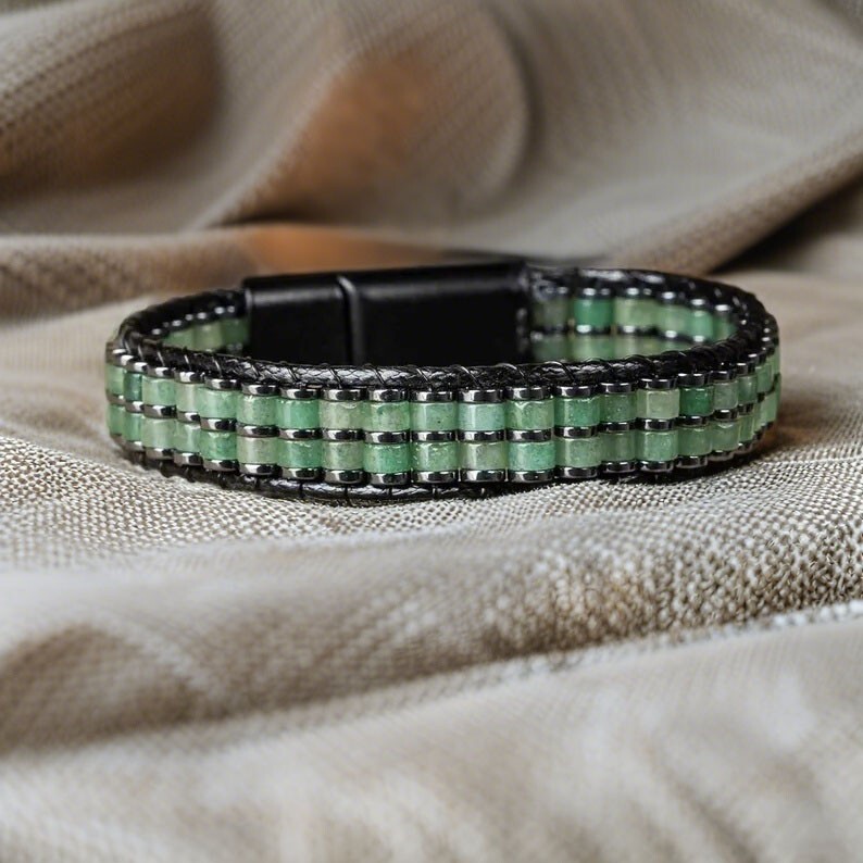 Men’s Green Aventurine Hematite Leather Braided Bracelet Magnetic Clasp Bangle